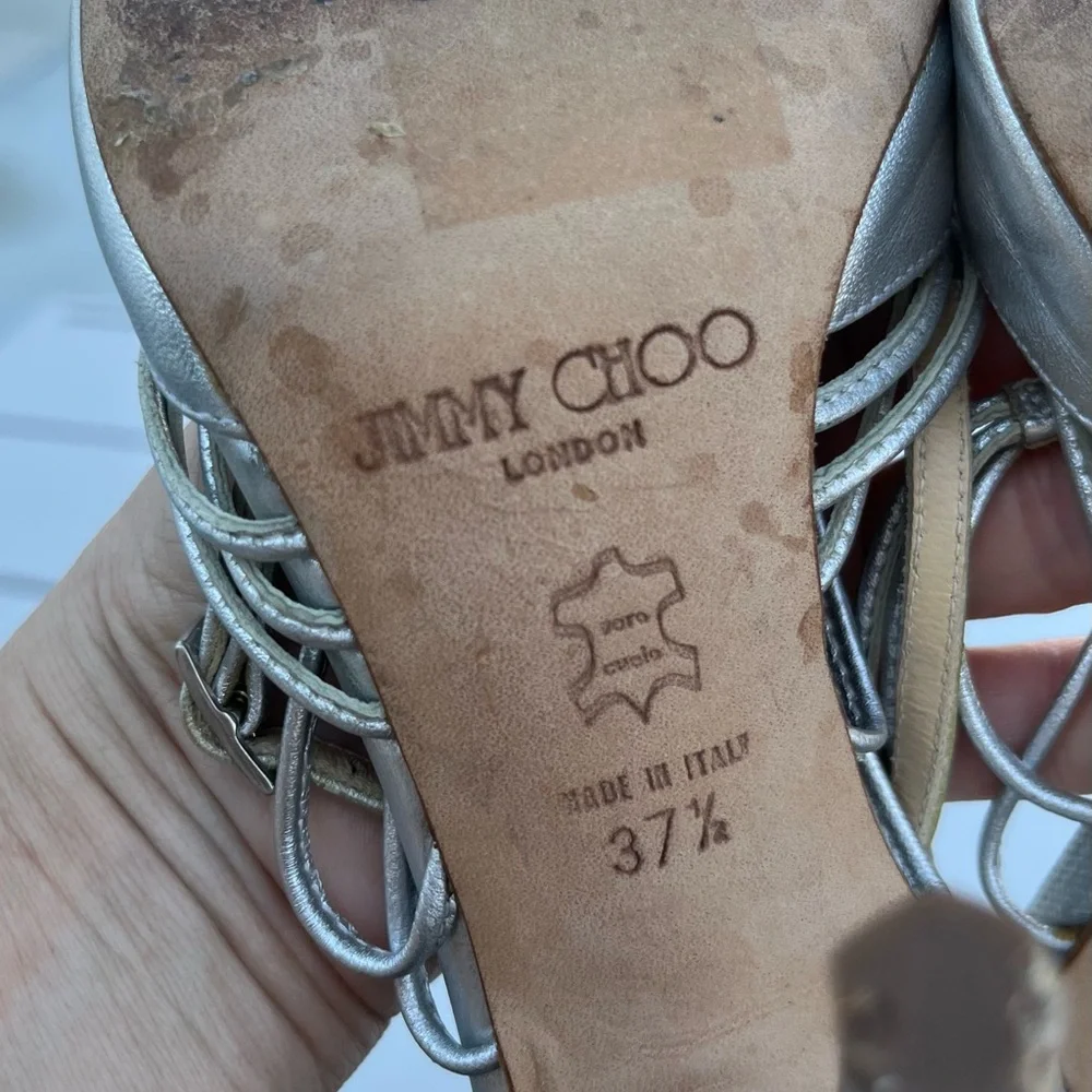 Jimmy Choo Silver Metallic Ankle Strappy Stiletto Heels - Picture 8 of 8